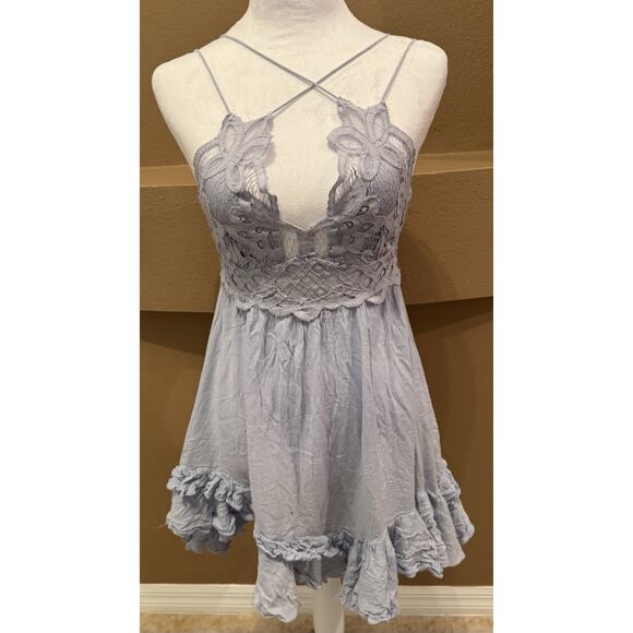 Free People Dresses & Skirts - Free People Adella Slip Dress Blue Lace Mini Dress Boho Ruffle Hem Size S